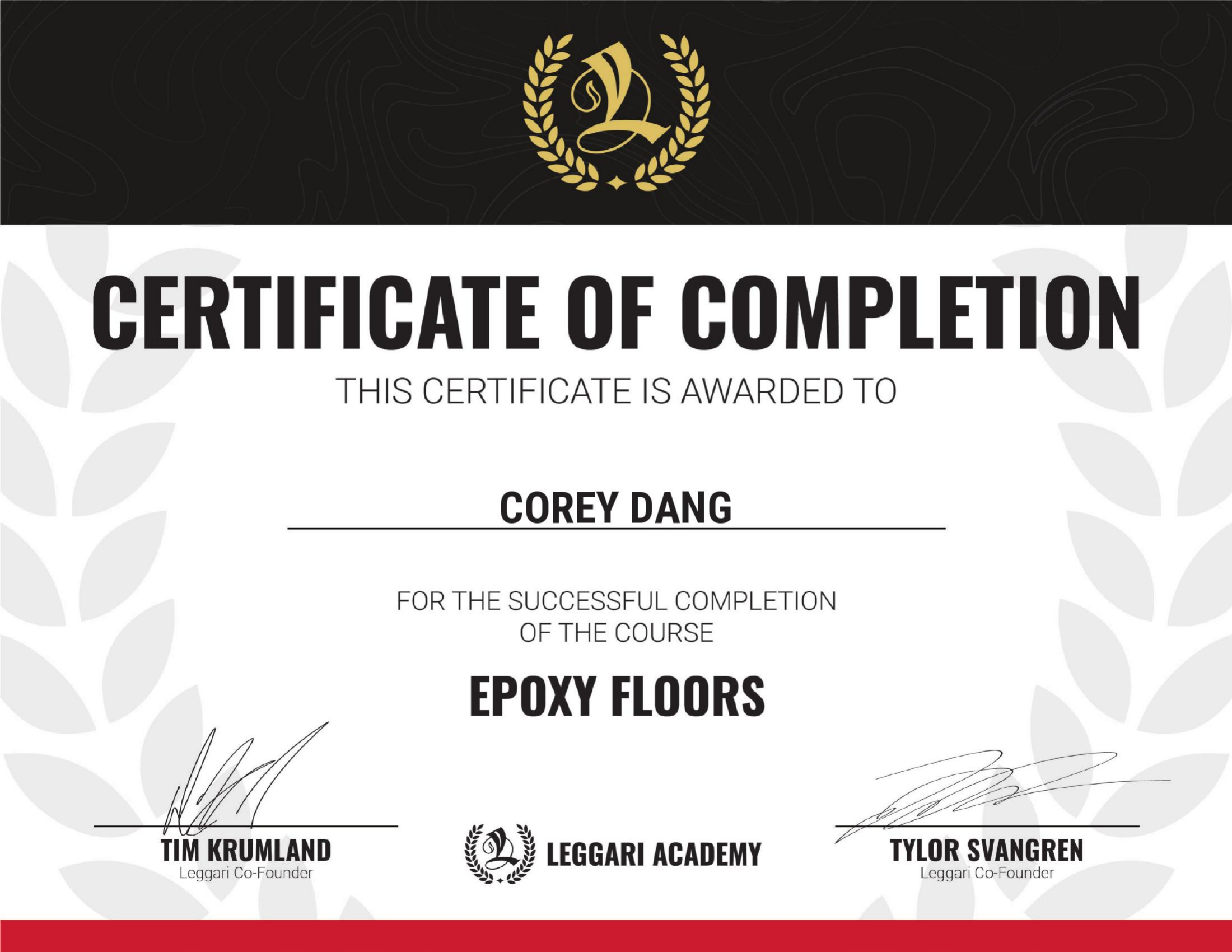 Corey Dang — Epoxy Floors Certificate