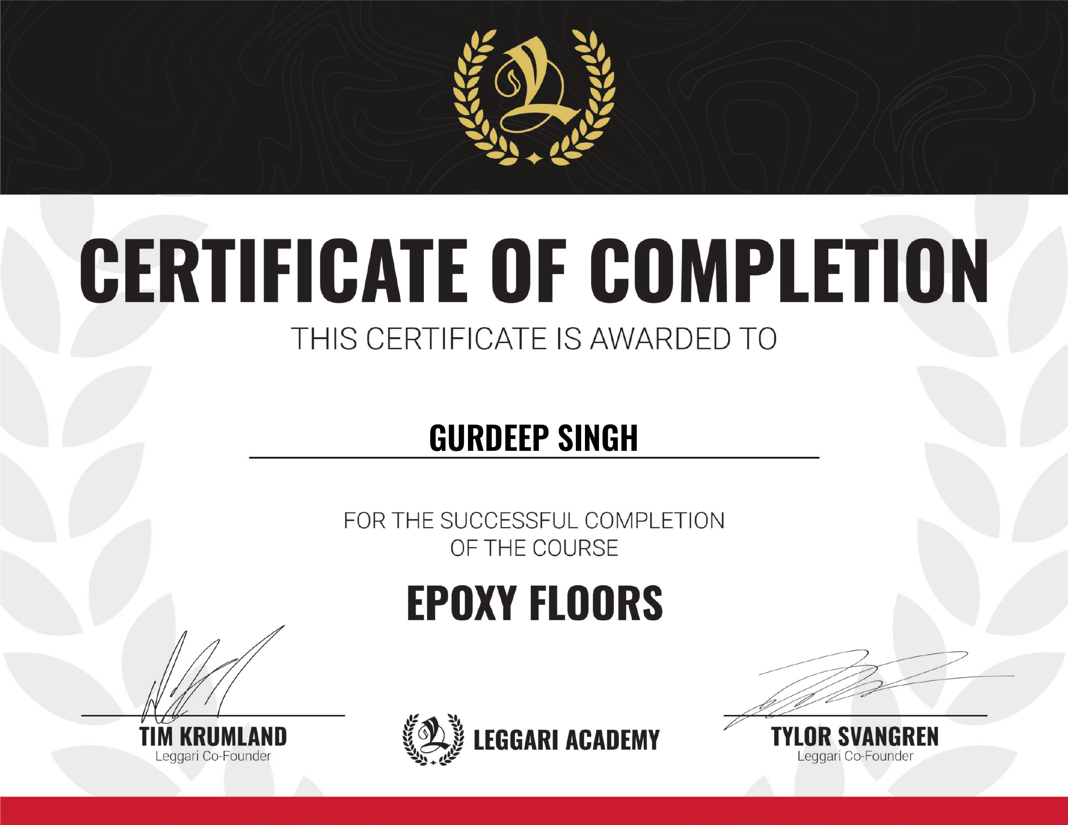Gurdeep Singh — Epoxy Floors Certificate