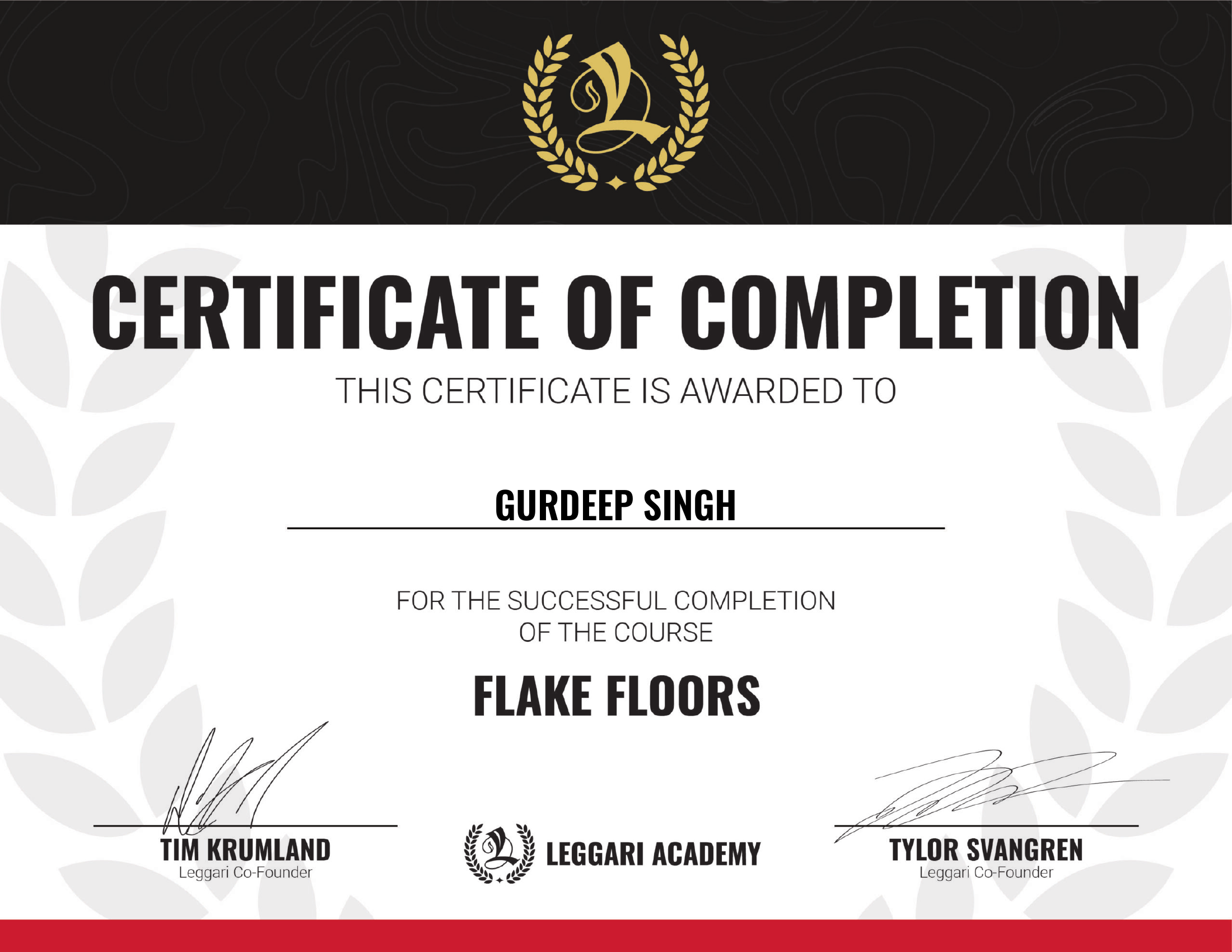Gurdeep Singh — Flake Floors Certificate