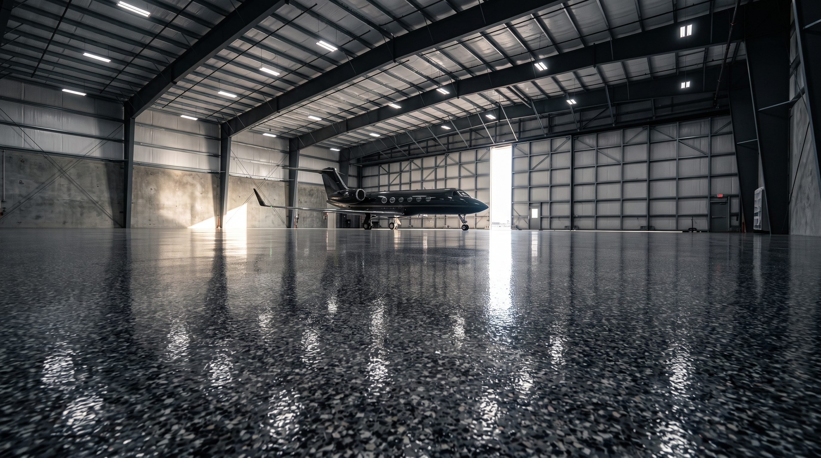 Commercial hangar flake epoxy floor in Langley BC