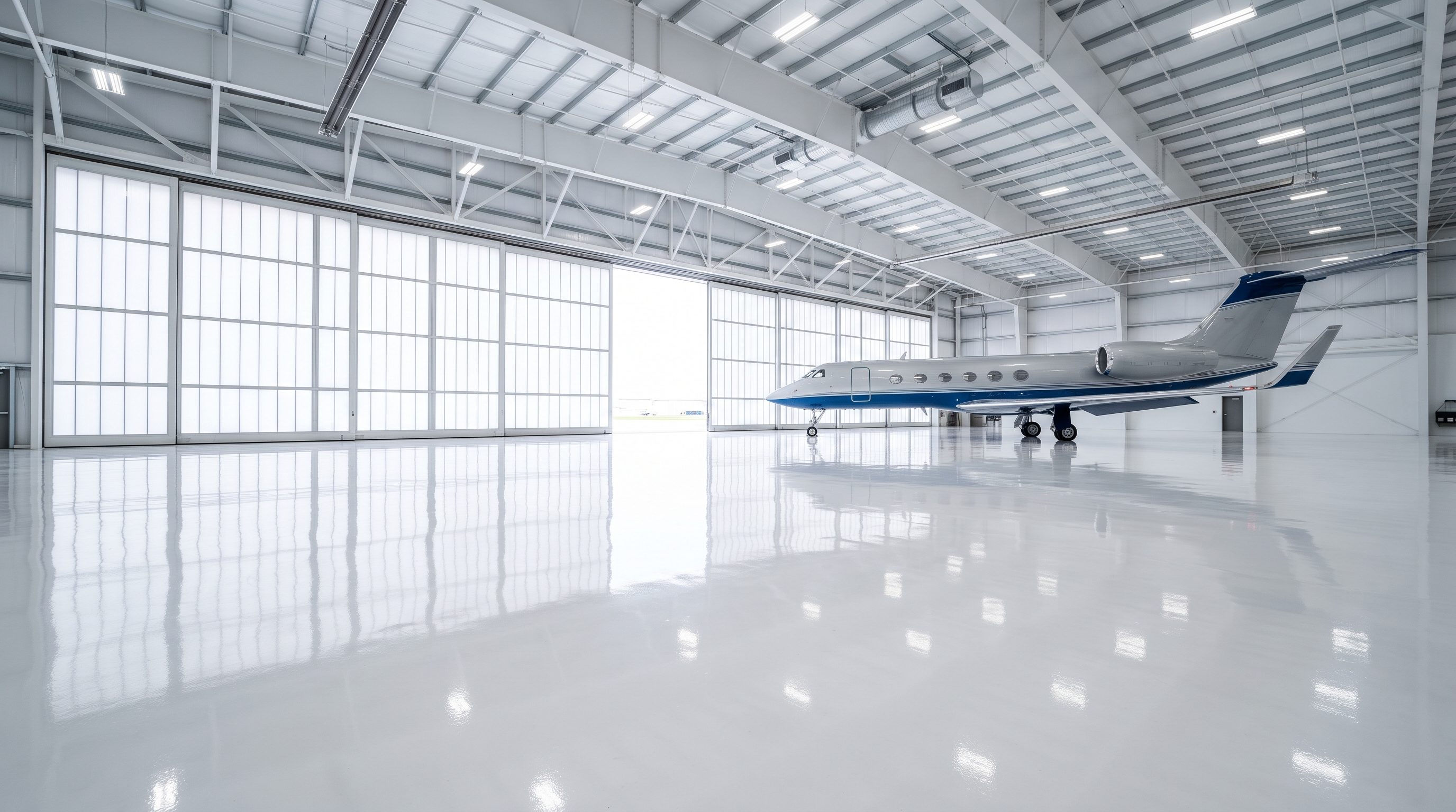 Commercial hangar white gloss epoxy floor in Langley BC